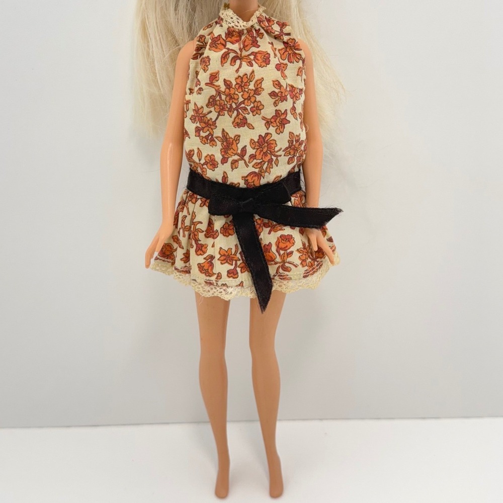 Vintage Barbie‑Size Floral Dress Cream Orange Lace Trim Black Bow Cottagecore